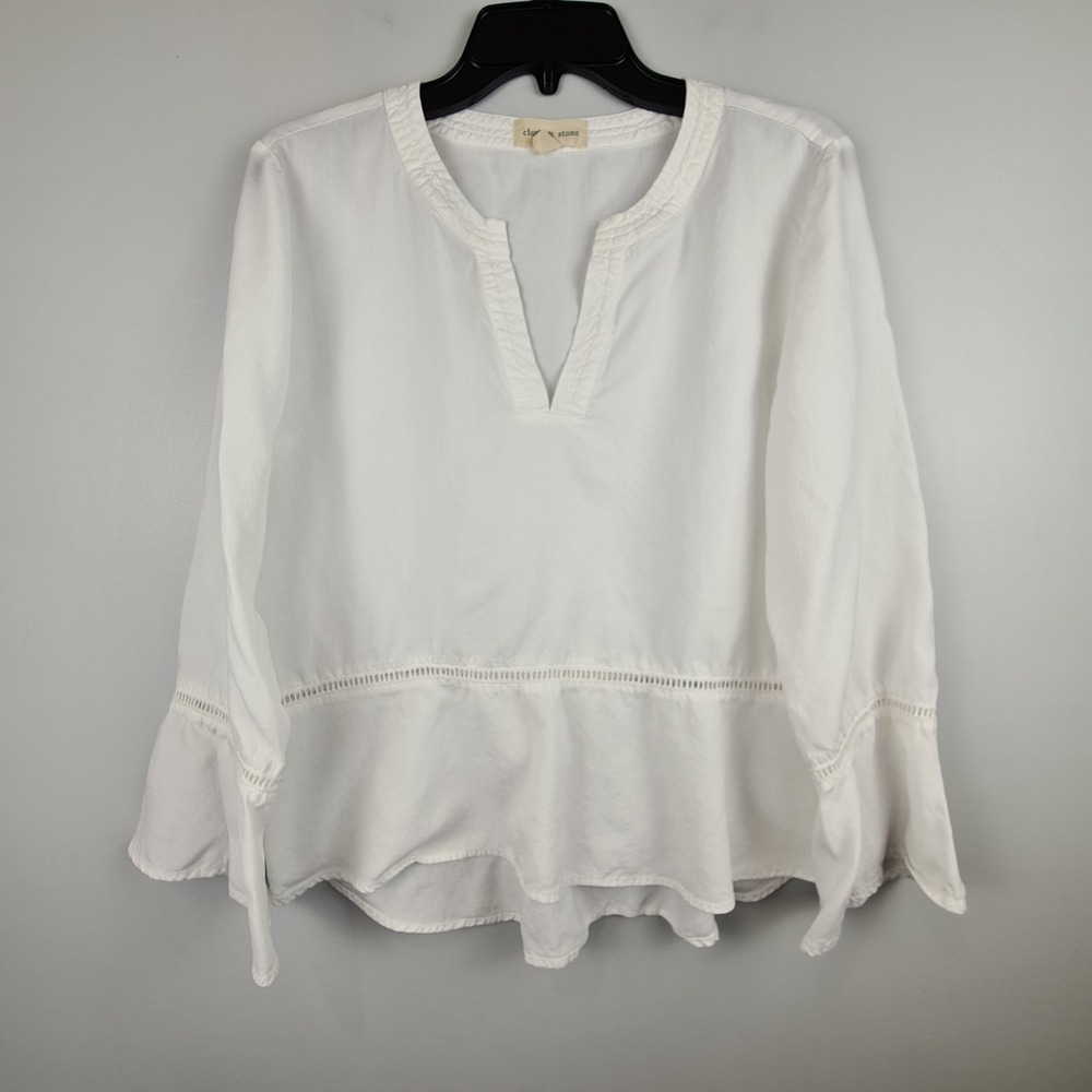Anthropologie‎ Cloth & Stone White Peplum Long Sleeve Top Medium Eyelet Detail